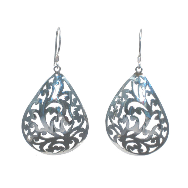Silver Curved Pear with Flowers Dangle Earrings - Pieces of Bali