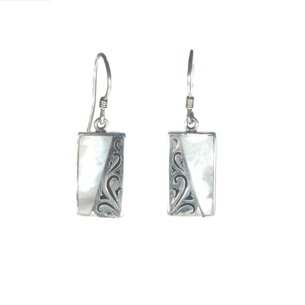 Rectangle Earring with Silver Filigree and Shell Detail - Multiple Colors Available - Pieces of Bali