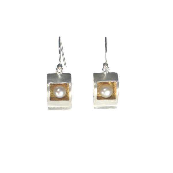Silver and Gold Box with Pearl Dangle Earring - Pieces of Bali