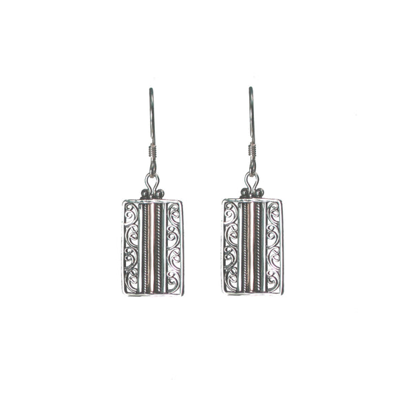 Filigree Rectangle with Rose Gold Detail Dangle Earrings - Pieces of Bali