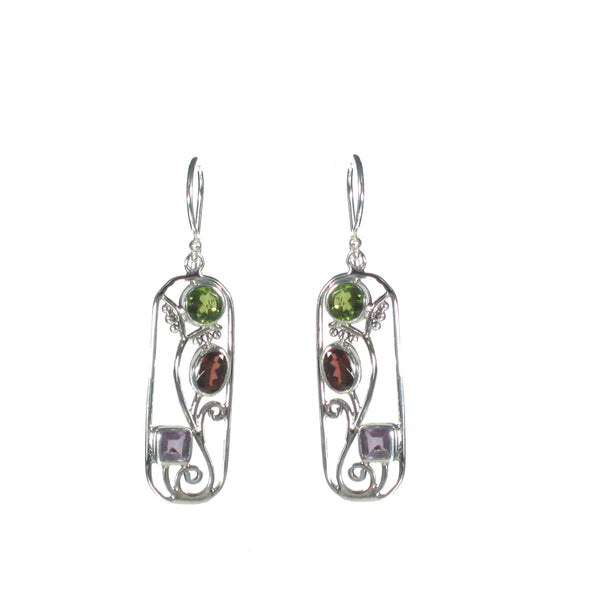Open Filigree Rectangle with Multiple Stones Dangle Earrings - Pieces of Bali